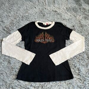 La Camilia Shirt Womens Small Biker Babe Motorcycle Black White Embellished Fire